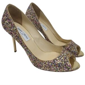 Jimmy Choo London | Multicolored Evelyn Glitter Peep Toe Pumps (Italian Size 39)